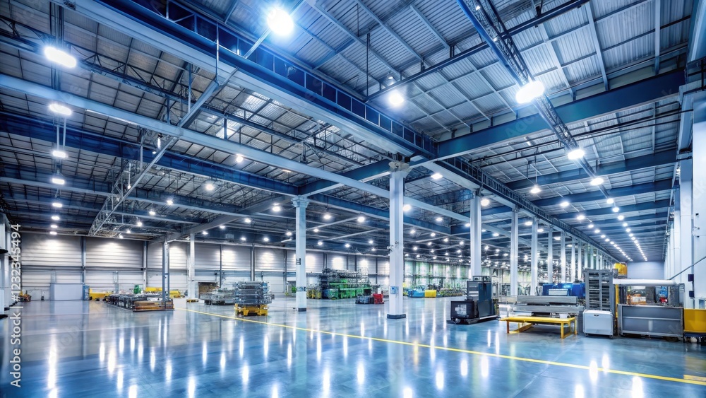 Obraz premium Energy-efficient LED lighting illuminates a factory floor at night, lighting, machinery, lighting