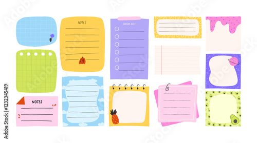 Set of colorful notes and memos for planner and journaling, flat vector illustration isolated on white background. Cute cartoon stickers for diary, to-do list.