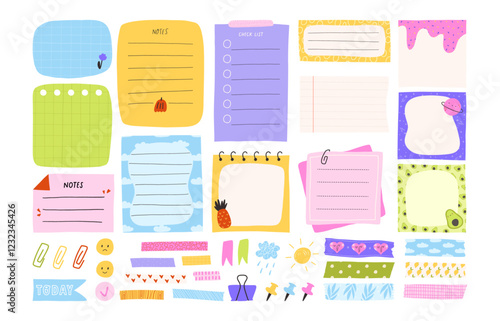 Set of colorful notes and memos for planner and journaling, flat vector illustration isolated on white background. Cute cartoon washi tapes and pins. Stickers for diary.