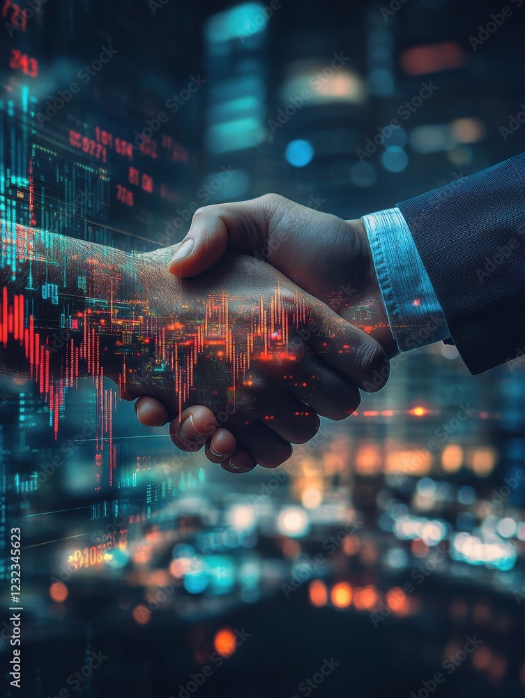 custom made wallpaper toronto digitalHandshake with forex chart on blurry night city background. Close up. Teamwork and stock market concept. Double exposure.