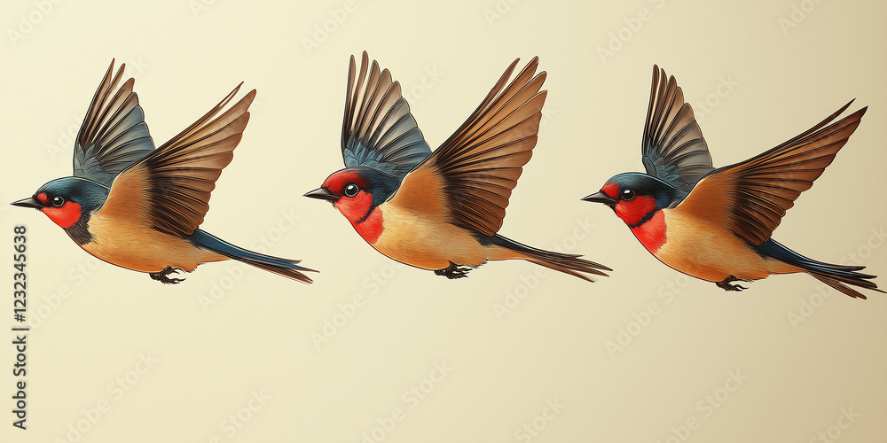 Fototapeta premium Three birds flying with colorful feathers in flight.