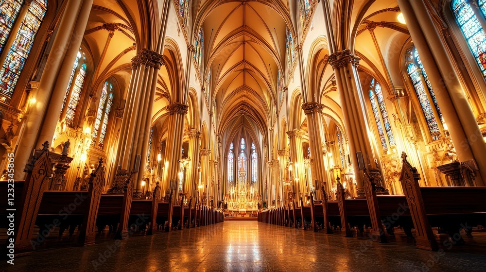 Ornate Gothic Cathedral Interior with Warm Lighting and Colorful Stained Glass Windows Ornate Gothic Cathedral Interior with Warm Lighting and Colorful Stained Glass Windows