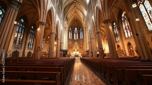 Interior View of a Gothic Cathedral Revealing Stained Glass Windows and Ornate Architecture