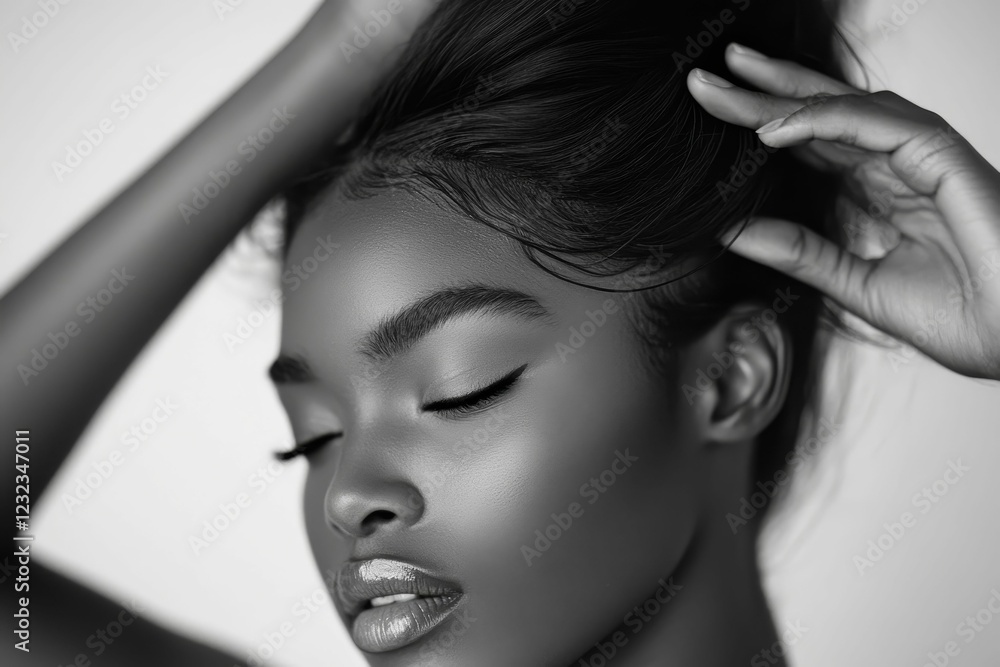 Naklejka premium Black and white photo of woman with hand in hair.