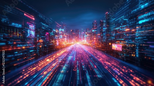 A futuristic cityscape with glowing digital data streams.