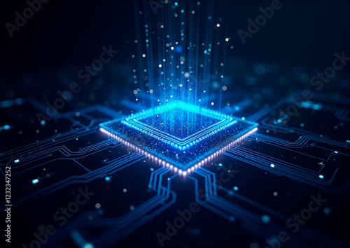 Concept high-resolution image of an AI chip, selective focus