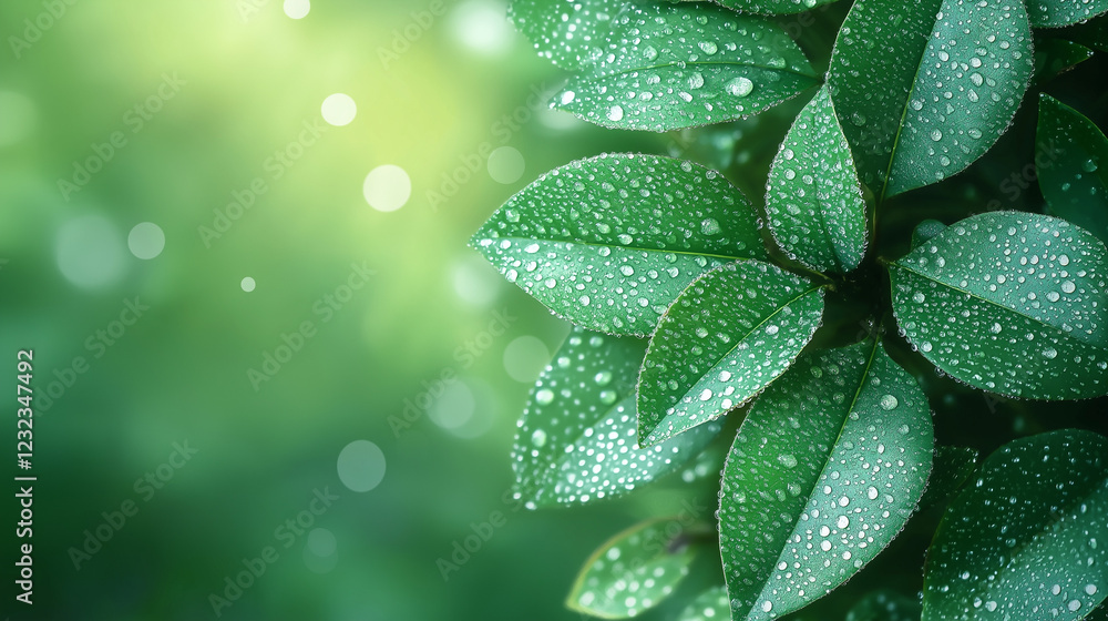 Fototapeta premium Wet green leaves with raindrops.