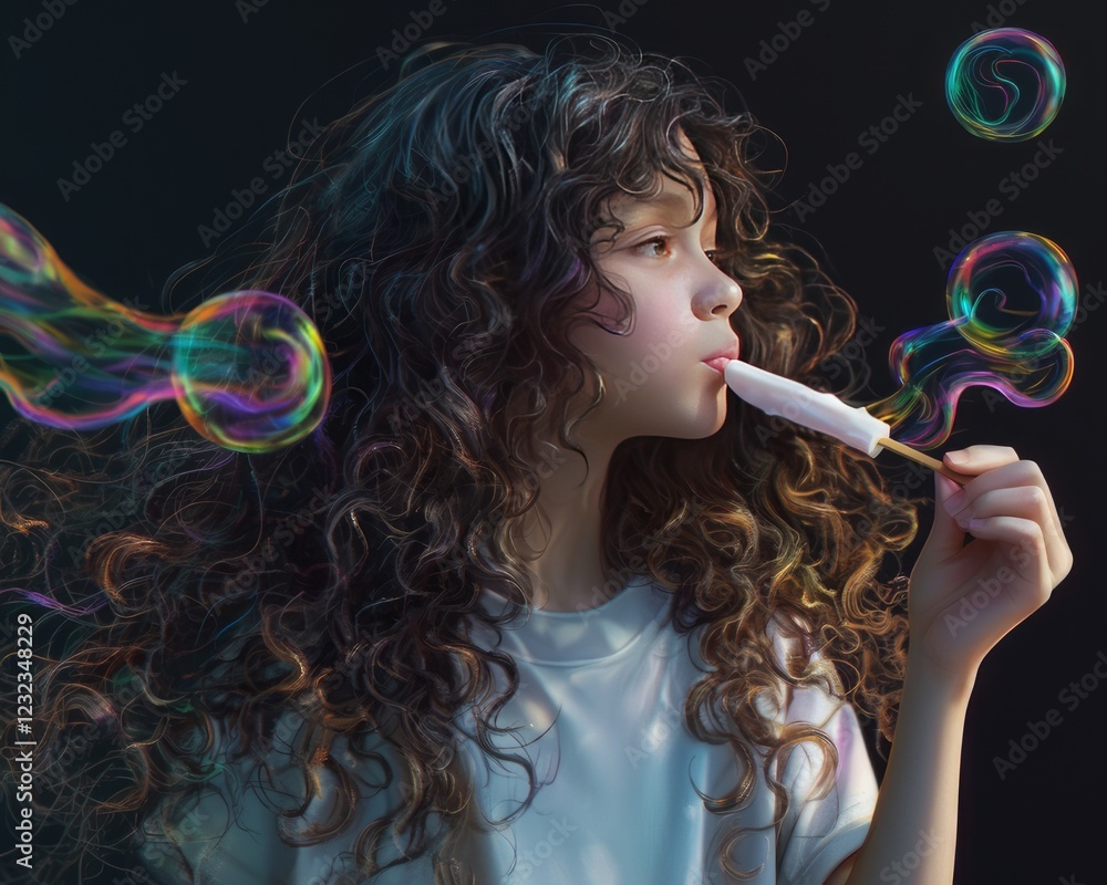 Obraz premium A girl eating ice cream, long curly hair, oversized t-shirt, black background, ethereal bubble, color photography.