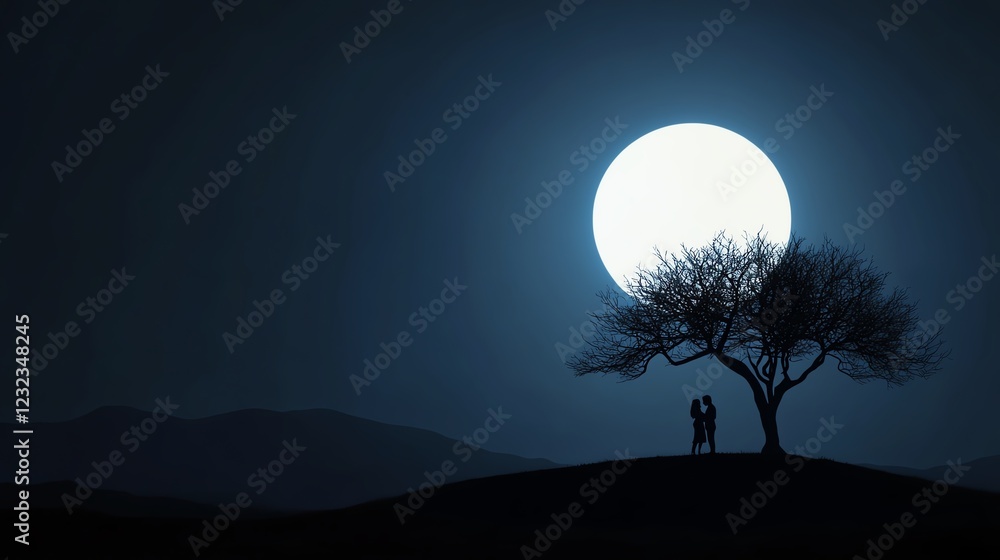Fototapeta premium Couple silhouette under a full moon, dreamy romance scene, 3D illustration