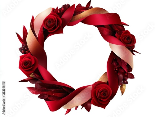 a lovethemed holiday wreath made of roses and ribbons, festive decoration, vector illustration, rich red and gold, isolated on white background photo