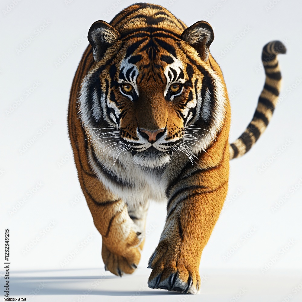 Obraz premium Majestic Tiger Walking Towards Camera Powerful Wild Cat Closeup Orange Fur Stripes