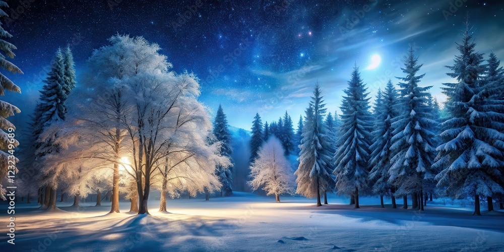 Forest Scene at Night Under Frosty Breeze, snow-covered trees, natural beauty Forest Scene at Night Under Frosty Breeze, snow-covered trees, natural beauty