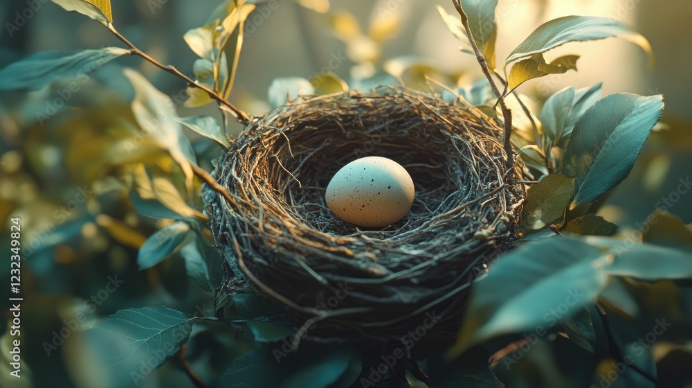 A single white bird egg nestled in a woven bird's nest, surrounded by green leaves, with sunlight shining through the branches. A single white bird egg nestled in a woven bird's nest, surrounded by green leaves, with sunlight shining through the branches.