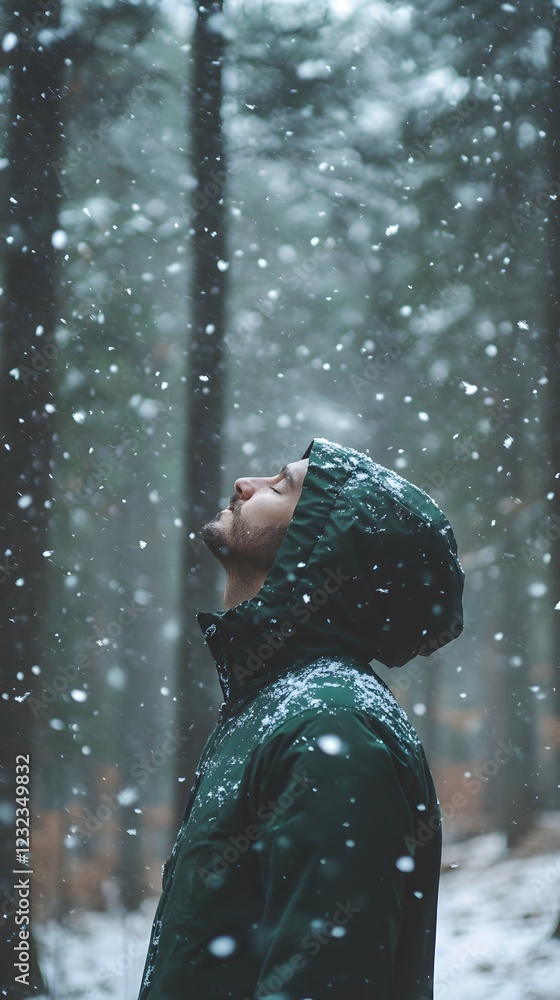 A man in a green jacket standing in a snowy forest, breathing in the crisp winter air A man in a green jacket standing in a snowy forest, breathing in the crisp winter air