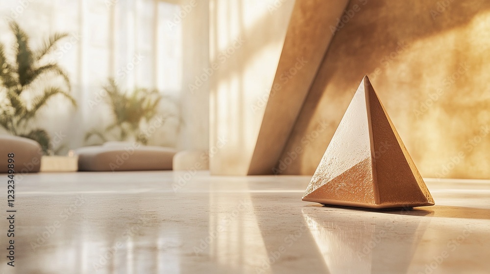 Golden pyramid on marble floor in a room, illuminated by sunlight. Golden pyramid on marble floor in a room, illuminated by sunlight.
