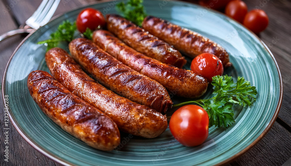 grilled chorizo sausages plated with fresh cherry tomatoes and garnished with parsley capturing vibrant colors and rich flavors perfect for a summer barbecue feast grilled chorizo sausages plated with fresh cherry tomatoes and garnished with parsley capturing vibrant colors and rich flavors perfect for a summer barbecue feast