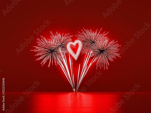 Loveshaped fireworks bursting in a red night sky, 3D illustration photo