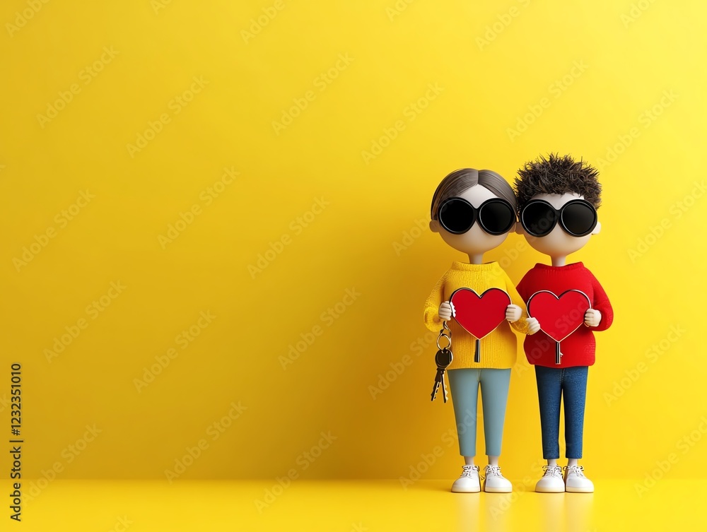 Fototapeta premium Couple holding matching keychains, symbolic love gift, 3D illustration
