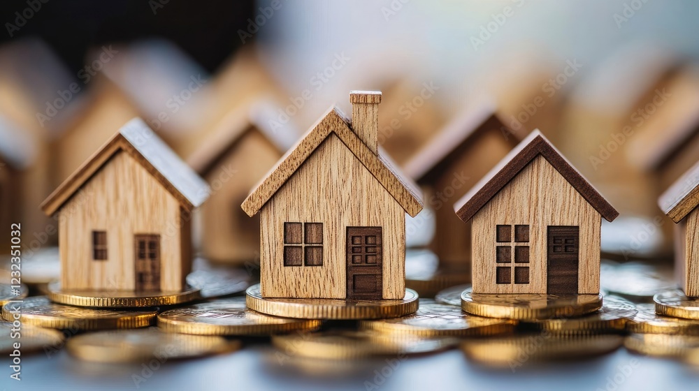 Wooden house models on a pile of coins, symbolizing real estate investment Wooden house models on a pile of coins, symbolizing real estate investment