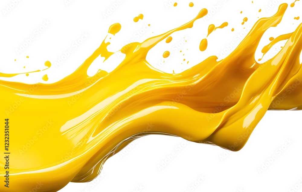 Fototapeta premium Vibrant yellow paint fluid flowing on a white background, creates a visual effect, generative AI