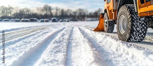 Snow plow truck clearing a school parking lot, leaving clean paths for vehicles