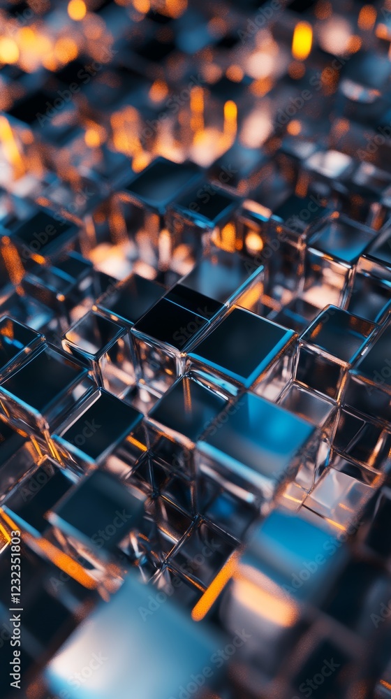 Fototapeta premium Abstract Metallic Cubes: A Symphony of Blue and Orange Hues