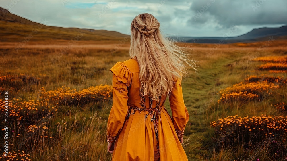 Naklejka premium An atmosphere concept filled with melancholy emotions. misty solitude, silhouette Woman Walking Through a Field of Dry Flowers