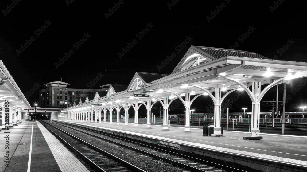 Fototapeta premium Night at the Train Station: A Monochromatic View