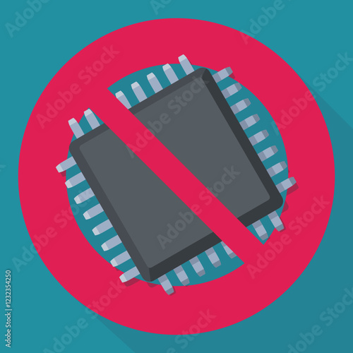 Chip of a computer at the back with a circular red strikethrough prohibition symbol on a blue background in flat design style