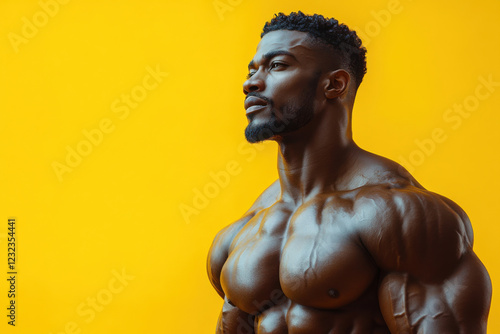 A highly defined white male bodybuilder stands tall, showcasing his sculpted physique against a bright yellow background.