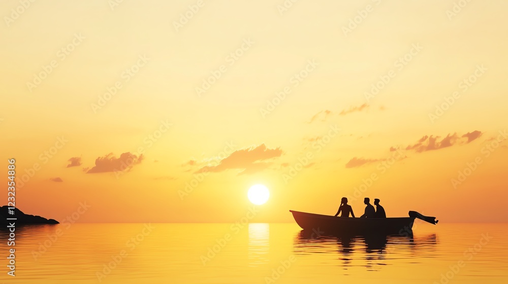 Sunset cruise, couple enjoying a romantic boat ride, 3D illustration Sunset cruise, couple enjoying a romantic boat ride, 3D illustration