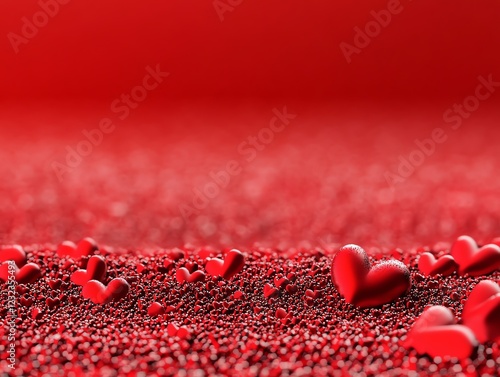 Vibrant red background with glittering heart dust, magical romance, 3D illustration photo