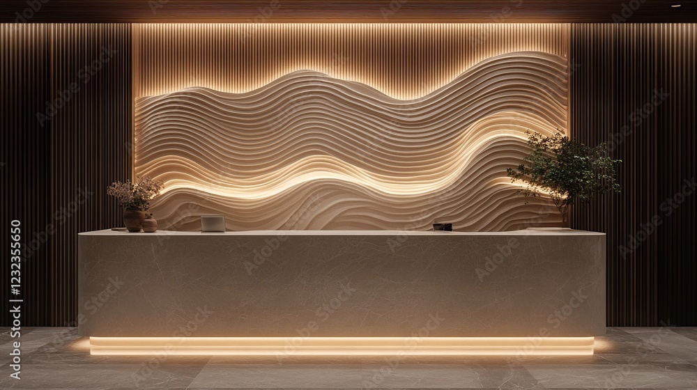 Modern hotel reception desk, wave wall, lobby, night lighting Modern hotel reception desk, wave wall, lobby, night lighting