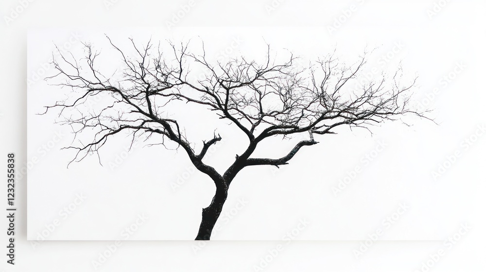 Bare tree silhouette, winter scene, white background, nature art