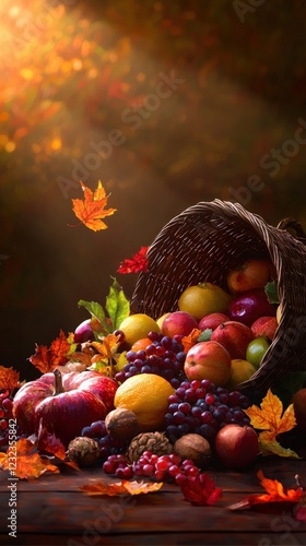 Colorful Assortment of Fresh Fruits in a Rustic Basket Surrounded by Autumn Leaves