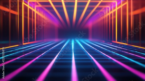 A vibrant, illuminated tunnel featuring colorful lines and a grid floor, creating a futuristic and immersive digital atmosphere.