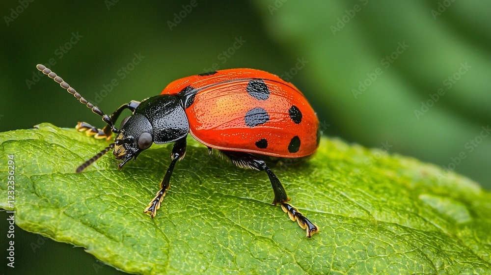 Red ladybug on leaf, garden, macro shot, nature background, insect photography Red ladybug on leaf, garden, macro shot, nature background, insect photography