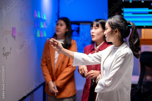 Canvas Print Three women are standing in front of a whiteboard with a woman pointing at it