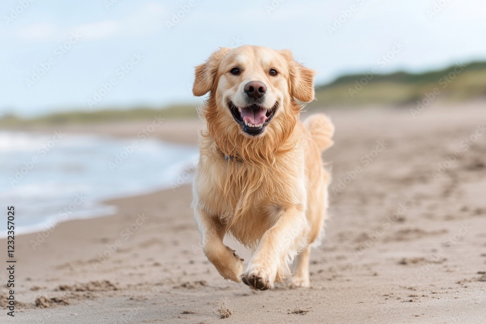 Golden retriever running happily on the beach Golden retriever running happily on the beach