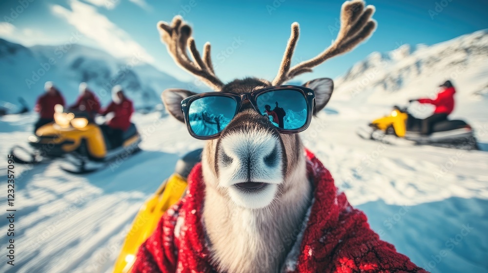 A close-up selfie of a reindeer wearing fashionable sunglasses, covered in frost. A close-up selfie of a reindeer wearing fashionable sunglasses, covered in frost.