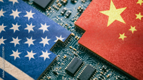 CPU computer (central processing unit) technology below Chinese and USA flag. US vs China chip war or tech war, semiconductor industry concept. The US restricts and controls chip export to China.
 photo