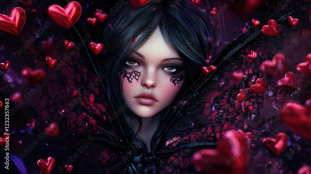 Dark Haired Woman Surrounded By Red Hearts Dark Haired Woman Surrounded By Red Hearts
