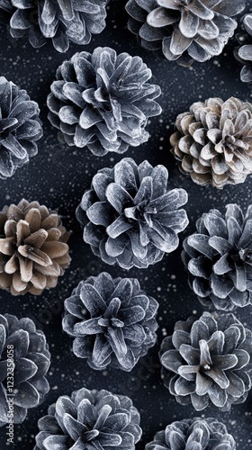 Frosted Pinecones Arranged in Patterned Design on Dark Background Evoking Winter Atmosphere
