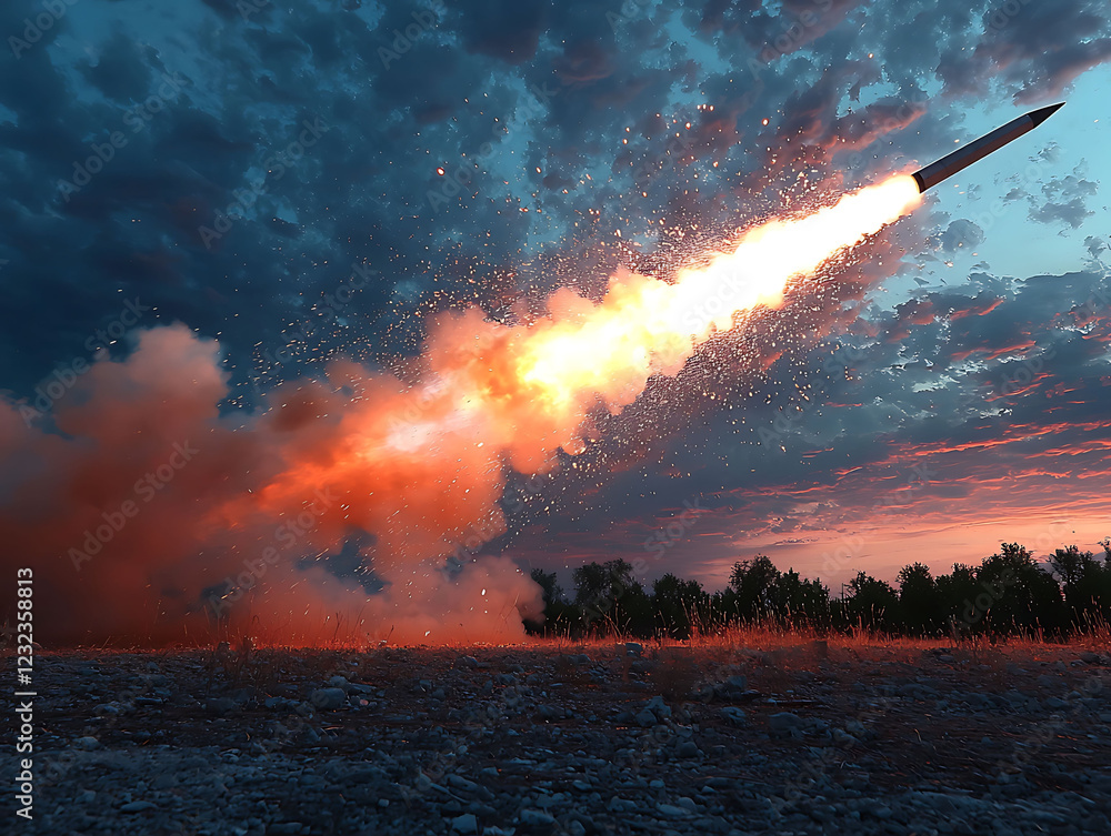 Fototapeta premium Dramatic sunset scene of a missile launching, fiery trail against a vibrant sky. Perfect for illustrating power, technology, defense, or futuristic concepts.