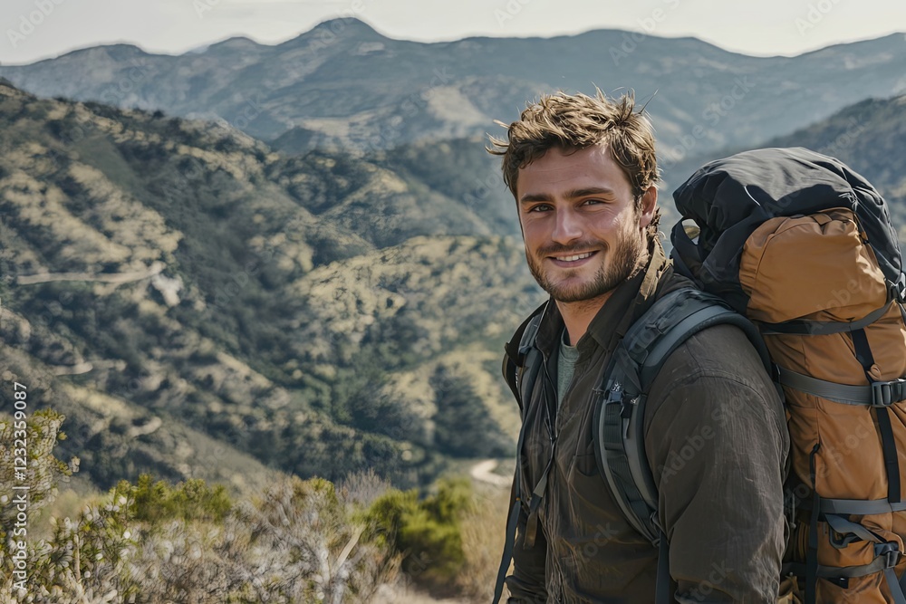 Smiling man with a backpack hiking on a mountain trail, with scenic hills in the background. Smiling man with a backpack hiking on a mountain trail, with scenic hills in the background.
