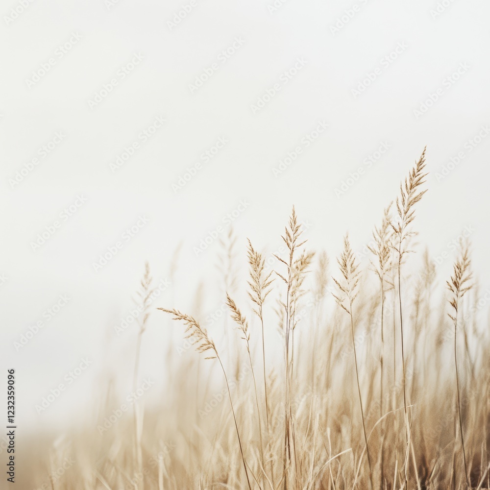 Beige grass stalks in foggy field. Beige grass stalks in foggy field.