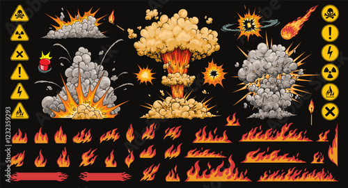 Explosive effects and hazard symbols collection