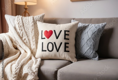 Cozy pillows and throw blanket on a sofa in a warm living room setting.