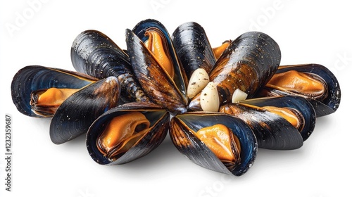 Freshly opened mussels arranged beautifully on a white background, showcasing their vibrant colors