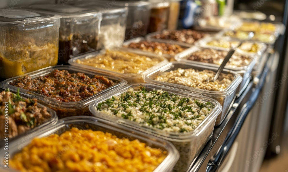 Prepared food in clear containers on shelf.